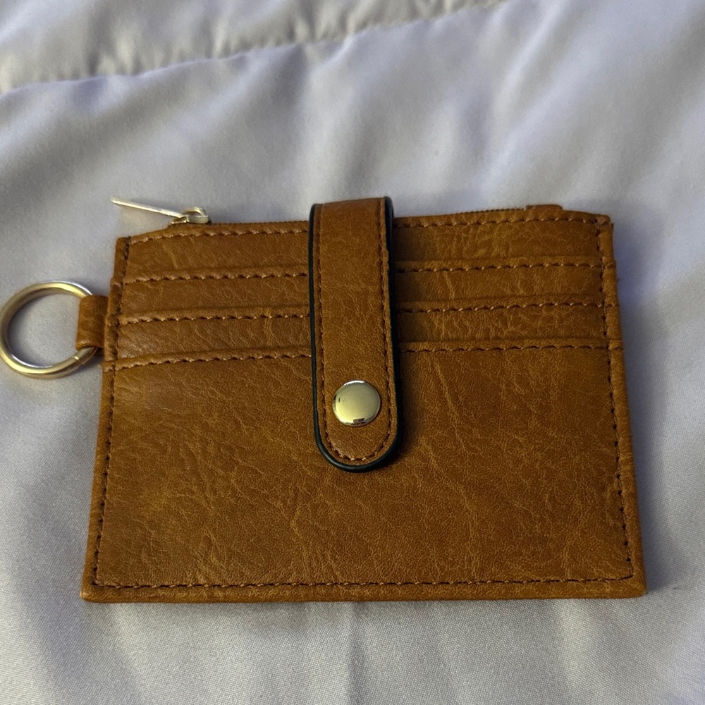 Tan Card Wallet with Snap Strap and Keyring